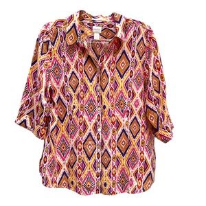 Chico’s No-Iron Linen Ikat Button-Back Shirt Bold Colorful Summer Tribal Boho